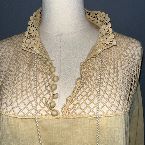 FREE PEOPLE ON THE ISLAND Butter Yellow Crocheted High Neck Peasant Blouse  - L - Picture 2 of 16